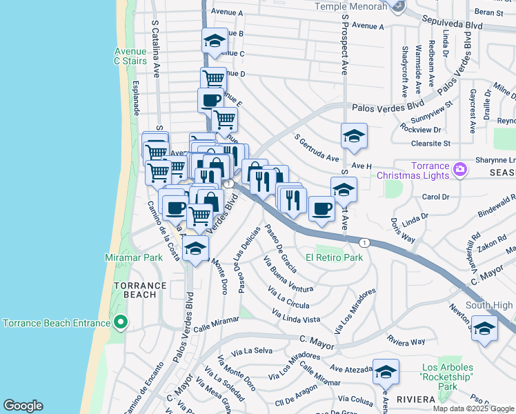 map of restaurants, bars, coffee shops, grocery stores, and more near 6202 South Pacific Coast Highway in Redondo Beach