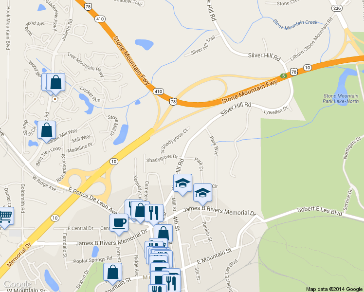 map of restaurants, bars, coffee shops, grocery stores, and more near 1200 Silver Hill Road in Stone Mountain