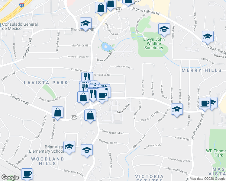 map of restaurants, bars, coffee shops, grocery stores, and more near 1412 Dalewood Drive Northeast in Atlanta