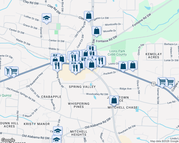 map of restaurants, bars, coffee shops, grocery stores, and more near 5892 Mableton Parkway Southwest in Mableton