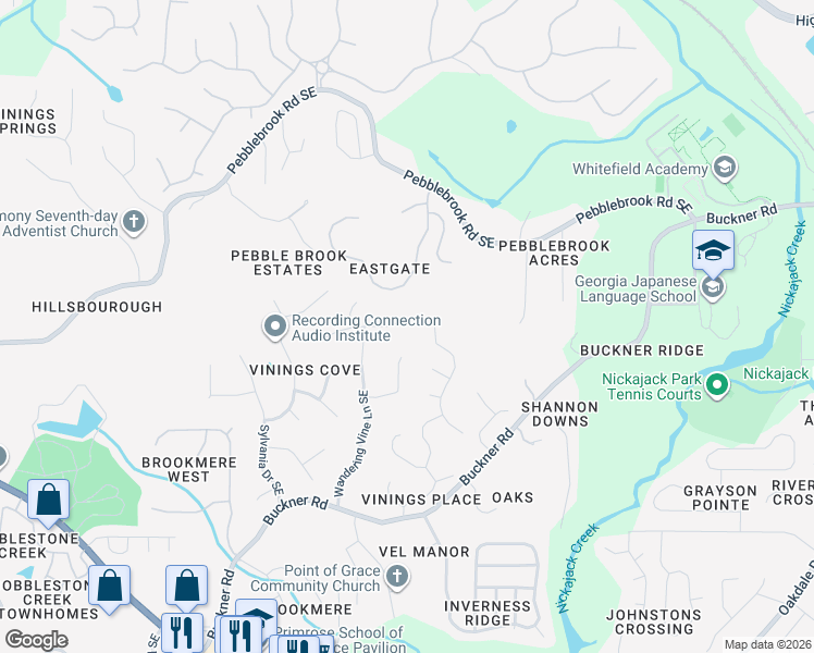 map of restaurants, bars, coffee shops, grocery stores, and more near 950 Wandering Vine Drive Southeast in Mableton