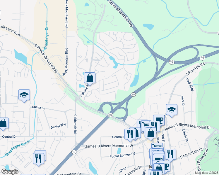 map of restaurants, bars, coffee shops, grocery stores, and more near 5132 Madeline Place in Stone Mountain