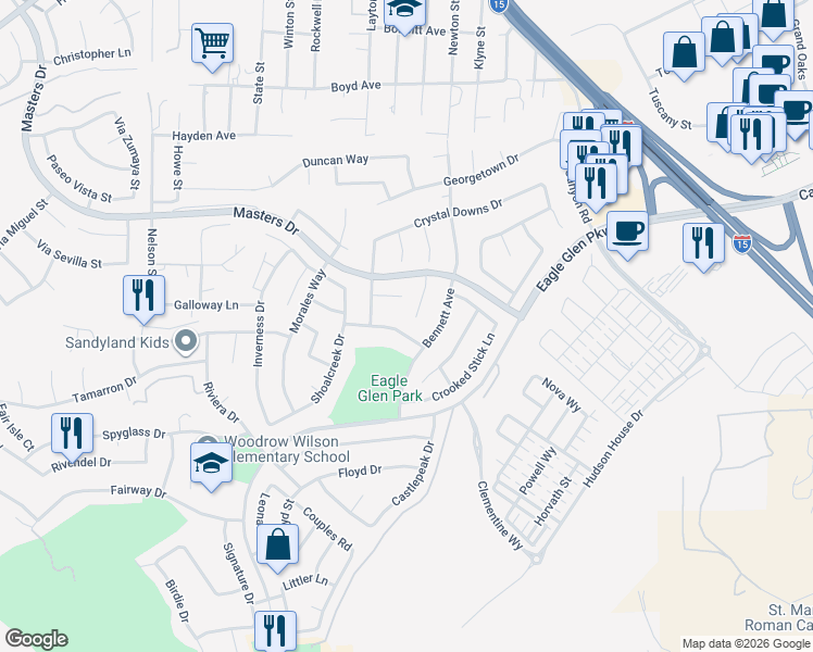 map of restaurants, bars, coffee shops, grocery stores, and more near 1973 Olympia Fields Drive in Corona