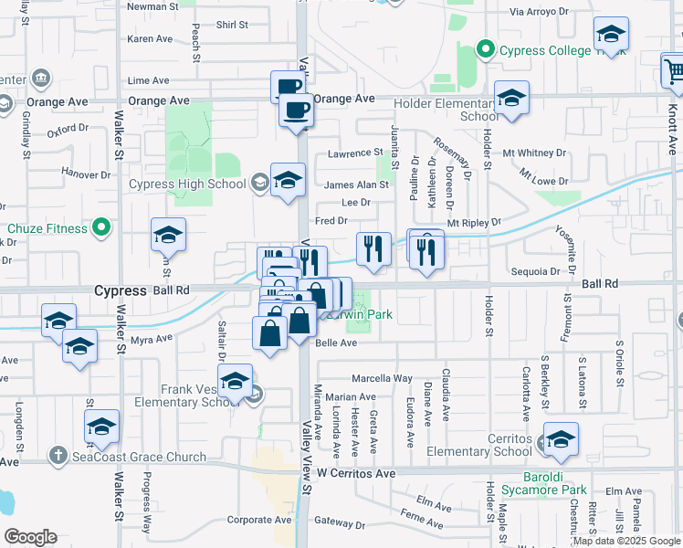 map of restaurants, bars, coffee shops, grocery stores, and more near 6101 Ball Road in Cypress