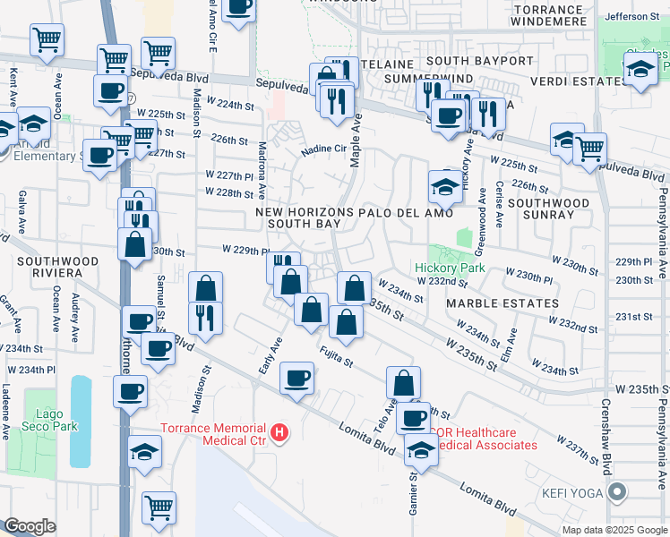 map of restaurants, bars, coffee shops, grocery stores, and more near 625 Maple Avenue in Torrance