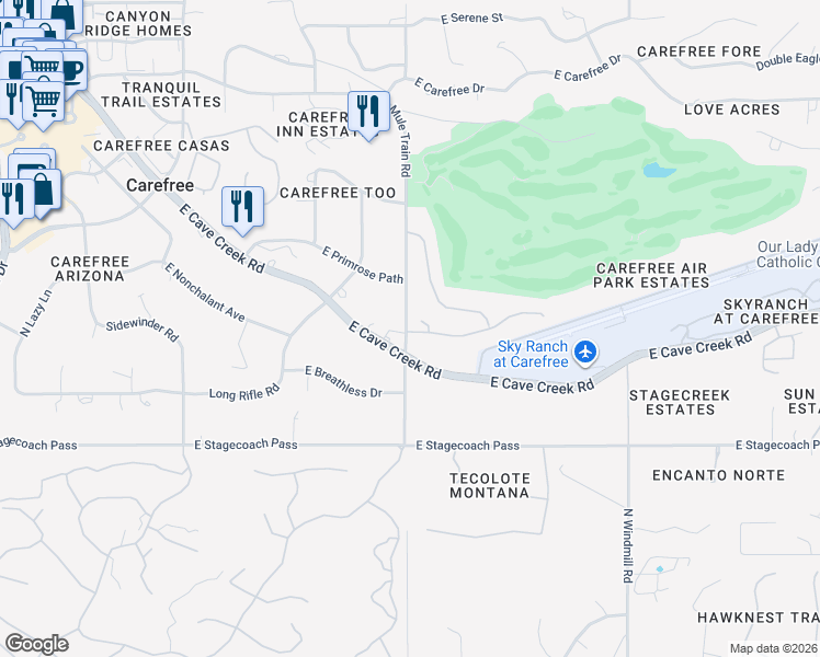 map of restaurants, bars, coffee shops, grocery stores, and more near 36601 North Mule Train Road in Scottsdale