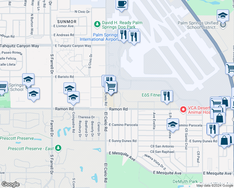 map of restaurants, bars, coffee shops, grocery stores, and more near 440 El Cielo Road in Palm Springs