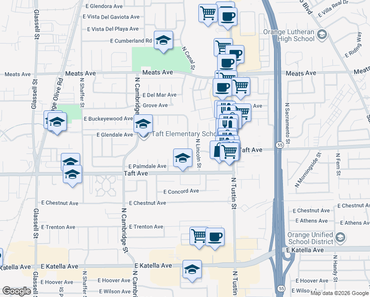 map of restaurants, bars, coffee shops, grocery stores, and more near 1788 North Greengrove Street in Orange