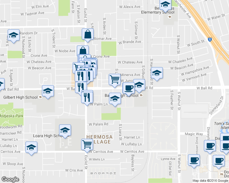 map of restaurants, bars, coffee shops, grocery stores, and more near 1210 South Loara Street in Anaheim