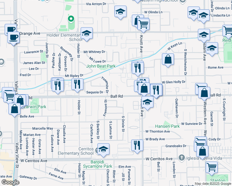 map of restaurants, bars, coffee shops, grocery stores, and more near 3623 Ball Road in Buena Park