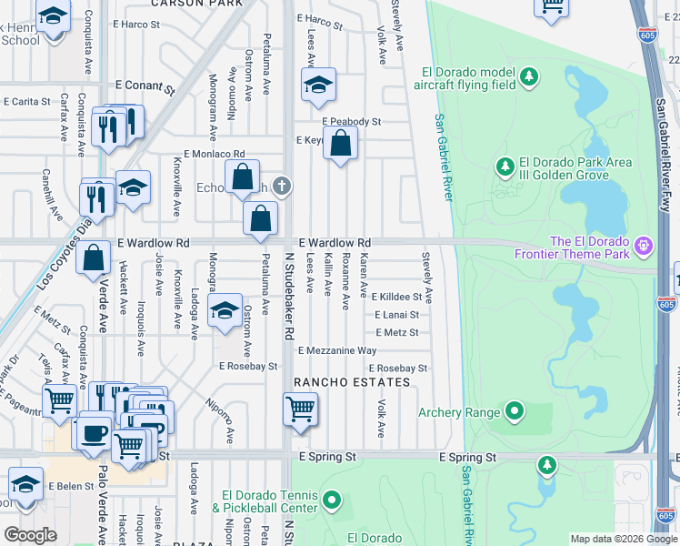 map of restaurants, bars, coffee shops, grocery stores, and more near 3349 Roxanne Avenue in Long Beach