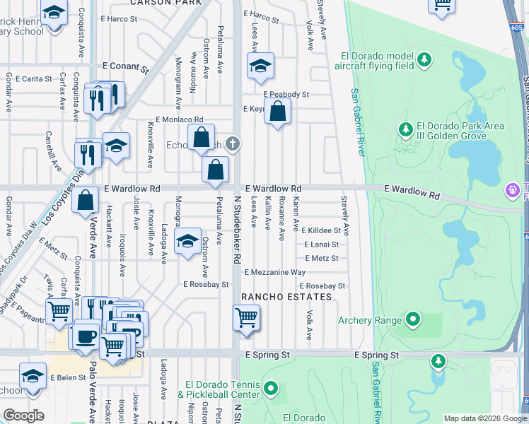 map of restaurants, bars, coffee shops, grocery stores, and more near 3350 Lees Avenue in Long Beach