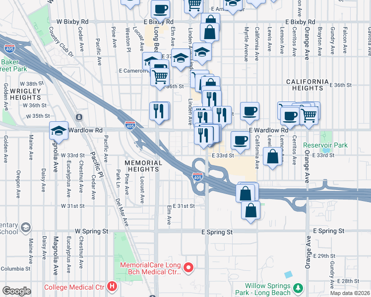 map of restaurants, bars, coffee shops, grocery stores, and more near 3313 Linden Avenue in Long Beach