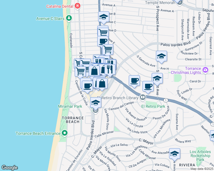 map of restaurants, bars, coffee shops, grocery stores, and more near 131 Palos Verdes Boulevard in Redondo Beach