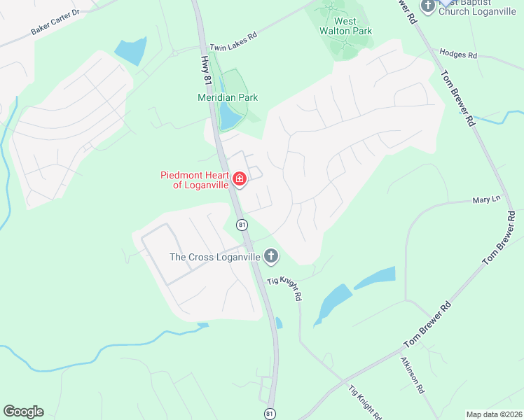 map of restaurants, bars, coffee shops, grocery stores, and more near 111 Village Drive in Loganville