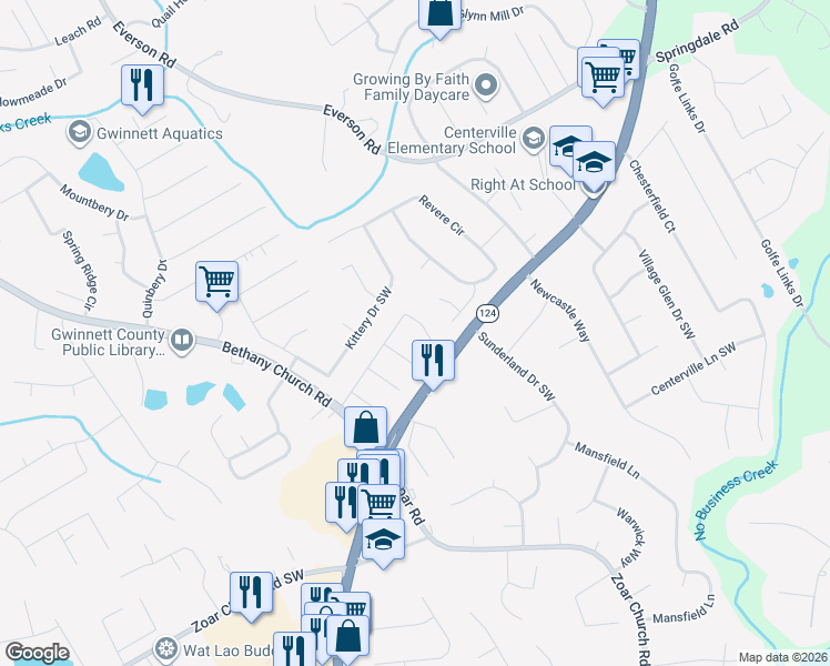 map of restaurants, bars, coffee shops, grocery stores, and more near 3662 Sunbridge Drive Southwest in Snellville