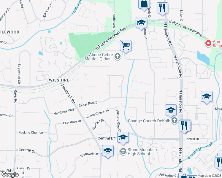 map of restaurants, bars, coffee shops, grocery stores, and more near 1281 Ginger Wood Drive in Stone Mountain