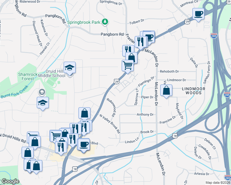 map of restaurants, bars, coffee shops, grocery stores, and more near 2411 Lawrenceville Highway in Decatur