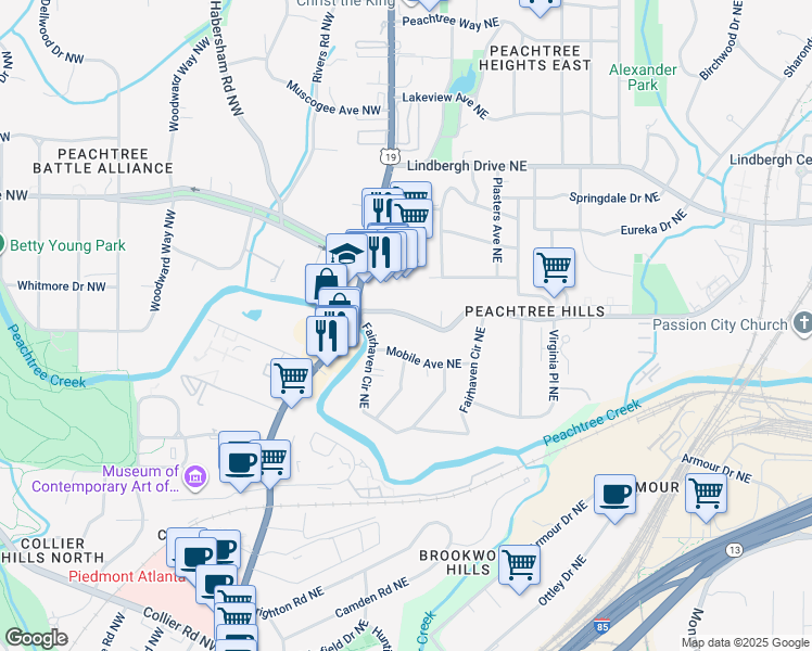 map of restaurants, bars, coffee shops, grocery stores, and more near 45 Peachtree Hills Avenue Northeast in Atlanta