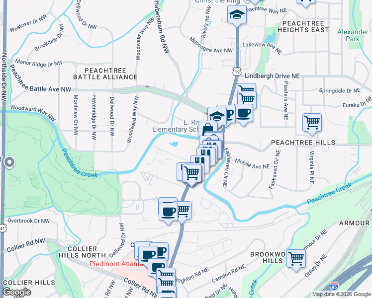 map of restaurants, bars, coffee shops, grocery stores, and more near 65 Peachtree Memorial Drive Northwest in Atlanta