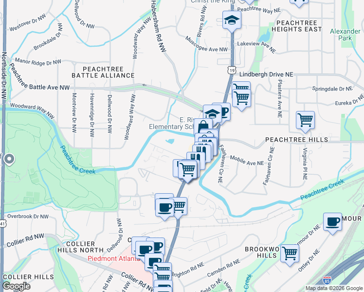 map of restaurants, bars, coffee shops, grocery stores, and more near 65 Peachtree Memorial Drive Northwest in Atlanta