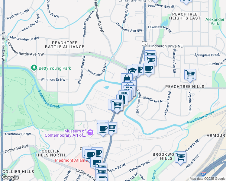 map of restaurants, bars, coffee shops, grocery stores, and more near 2288 Peachtree Road Northwest in Atlanta