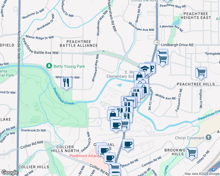 map of restaurants, bars, coffee shops, grocery stores, and more near 134 Peachtree Memorial Drive Northwest in Atlanta