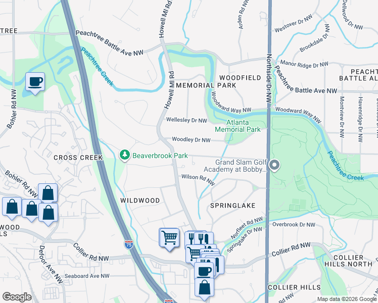 map of restaurants, bars, coffee shops, grocery stores, and more near 789 Longwood Drive Northwest in Atlanta