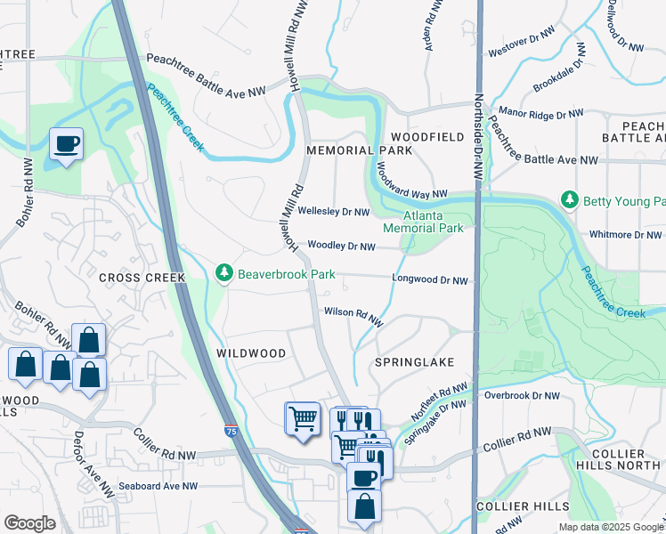 map of restaurants, bars, coffee shops, grocery stores, and more near 807 Longwood Drive Northwest in Atlanta