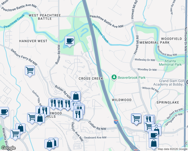 map of restaurants, bars, coffee shops, grocery stores, and more near 179 Barone Place Northwest in Atlanta