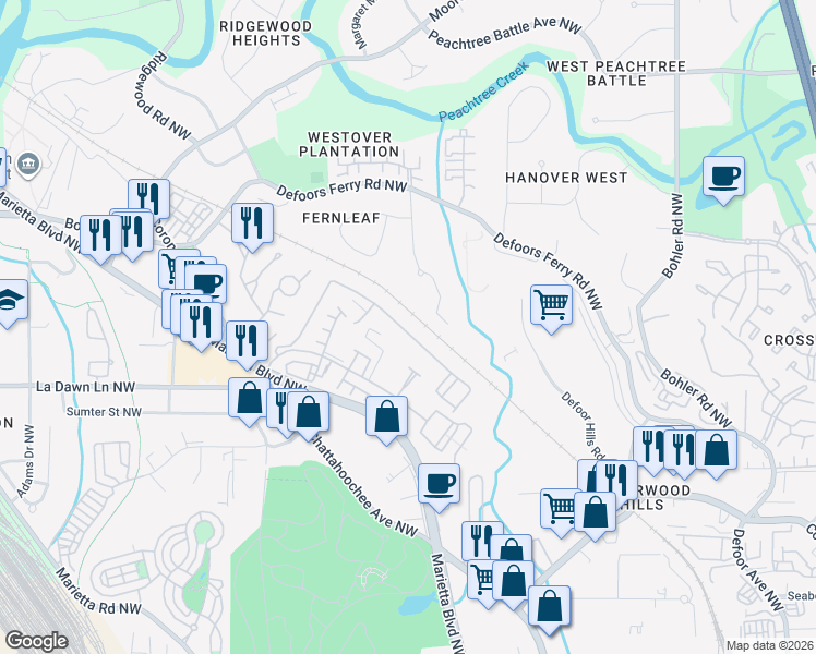 map of restaurants, bars, coffee shops, grocery stores, and more near 1469 Liberty Parkway Northwest in Atlanta