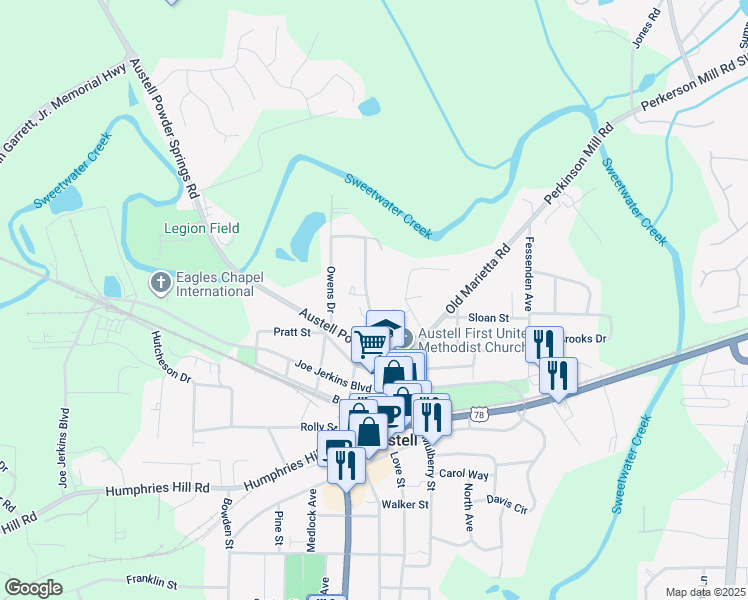 map of restaurants, bars, coffee shops, grocery stores, and more near 5641 Edith Street in Austell