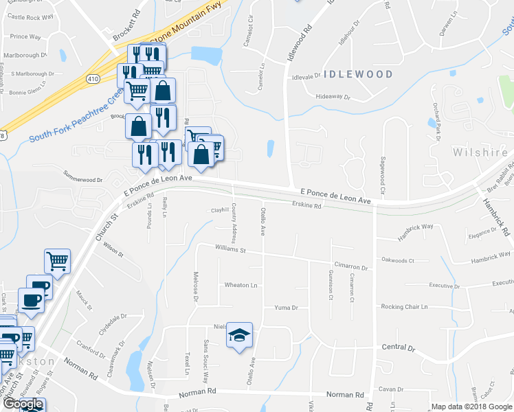 map of restaurants, bars, coffee shops, grocery stores, and more near 4417 Erskine Road in Clarkston