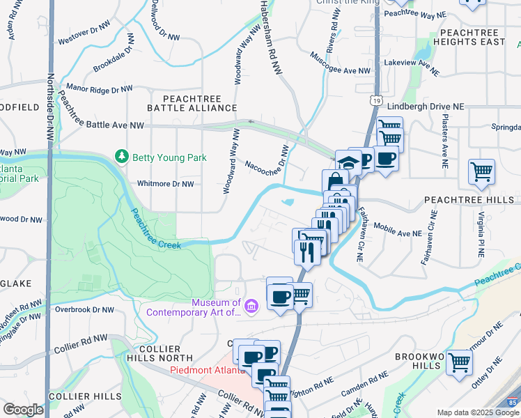 map of restaurants, bars, coffee shops, grocery stores, and more near 136 Peachtree Memorial Drive Northwest in Atlanta