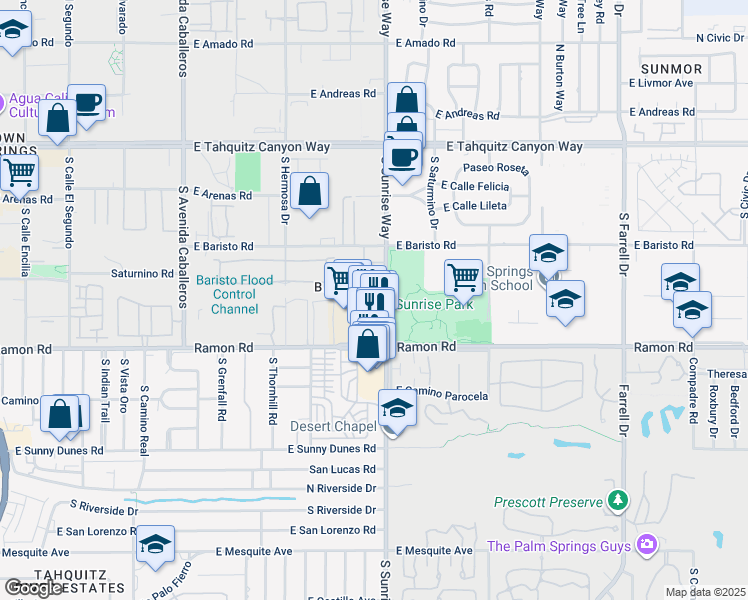 map of restaurants, bars, coffee shops, grocery stores, and more near 425 South Sunrise Way in Palm Springs