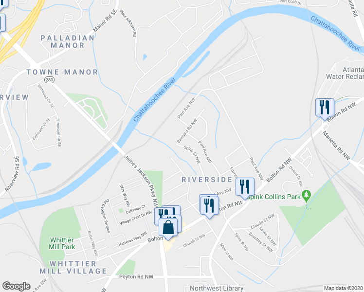 map of restaurants, bars, coffee shops, grocery stores, and more near 2244 Spink Street Northwest in Atlanta