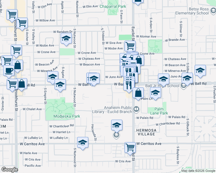 map of restaurants, bars, coffee shops, grocery stores, and more near 1769 Colonial Avenue in Anaheim