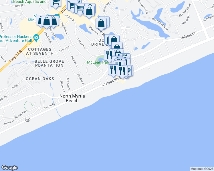 map of restaurants, bars, coffee shops, grocery stores, and more near 201 South Ocean Boulevard in North Myrtle Beach
