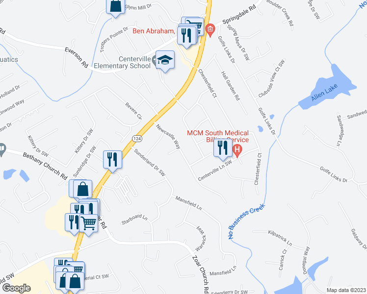 map of restaurants, bars, coffee shops, grocery stores, and more near 3234 Newcastle Way in Snellville