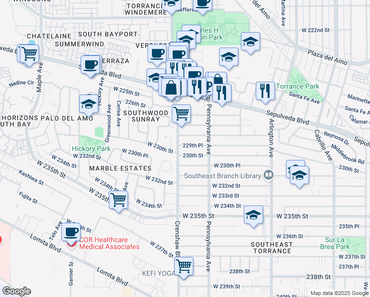 map of restaurants, bars, coffee shops, grocery stores, and more near 2460 229th Place in Torrance