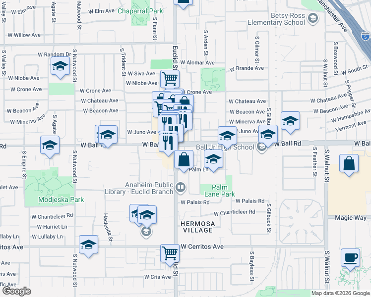 map of restaurants, bars, coffee shops, grocery stores, and more near 1682 West Ball Road in Anaheim