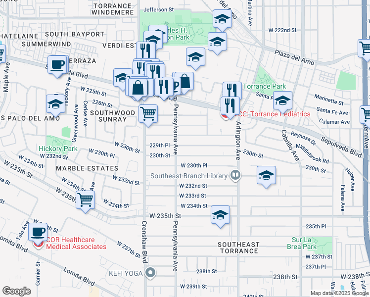 map of restaurants, bars, coffee shops, grocery stores, and more near 2358 229th Place in Torrance