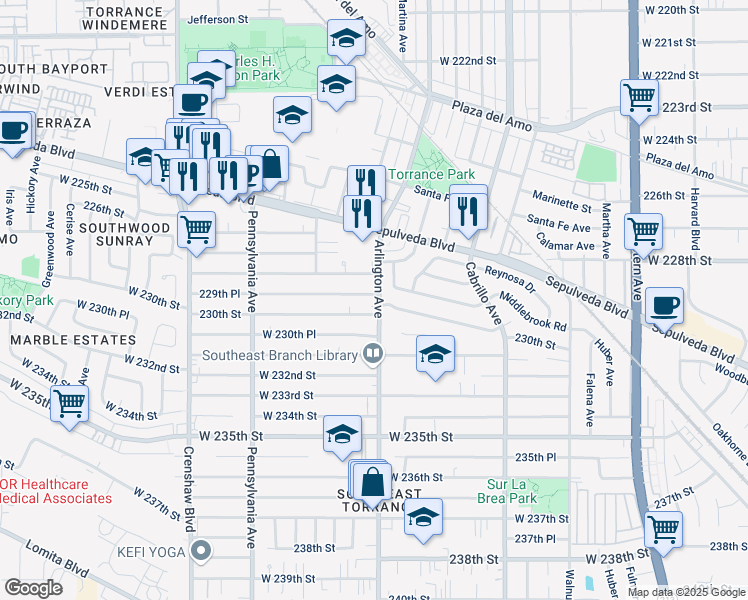 map of restaurants, bars, coffee shops, grocery stores, and more near 22925 Arlington Avenue in Torrance