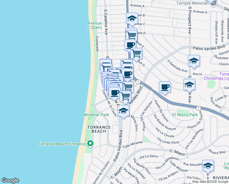 map of restaurants, bars, coffee shops, grocery stores, and more near 1728 South Catalina Avenue in Redondo Beach