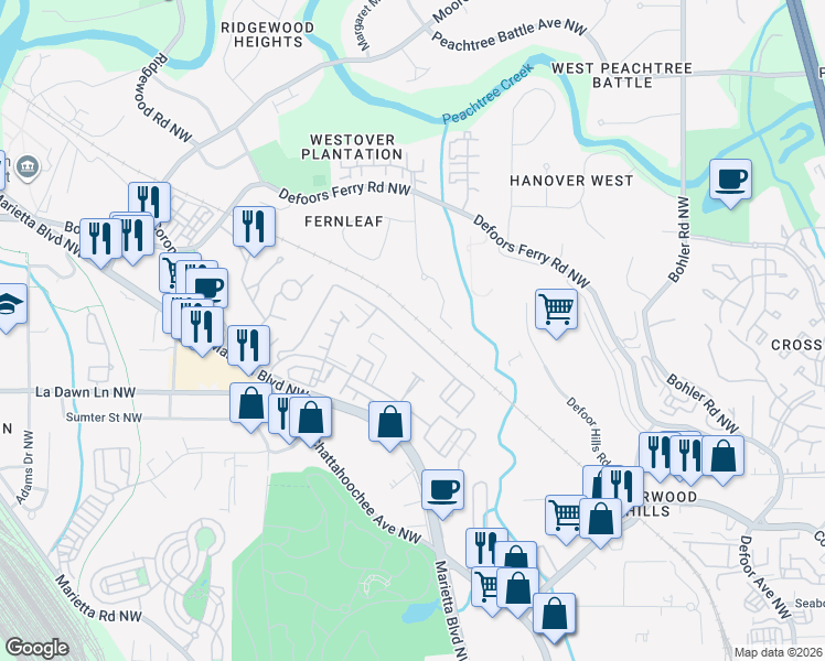 map of restaurants, bars, coffee shops, grocery stores, and more near 1469 Liberty Parkway Northwest in Atlanta
