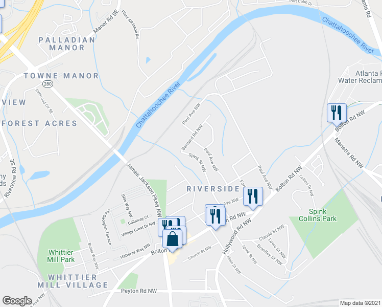 map of restaurants, bars, coffee shops, grocery stores, and more near 2243 Spink Street Northwest in Atlanta