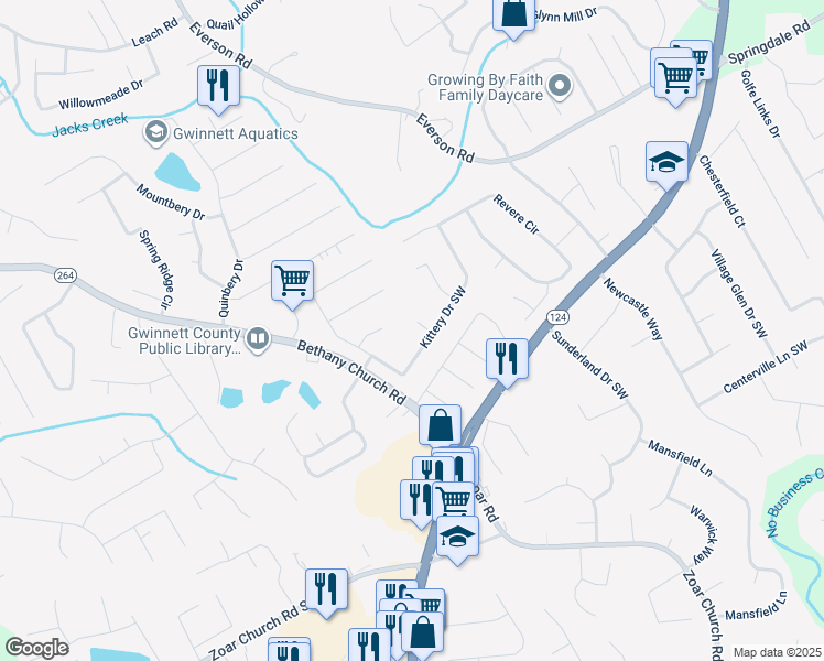 map of restaurants, bars, coffee shops, grocery stores, and more near 3325 Emden Court Southwest in Snellville