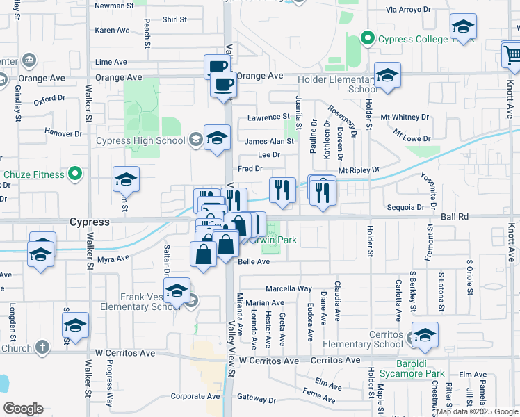map of restaurants, bars, coffee shops, grocery stores, and more near 6101 Ball Road in Cypress