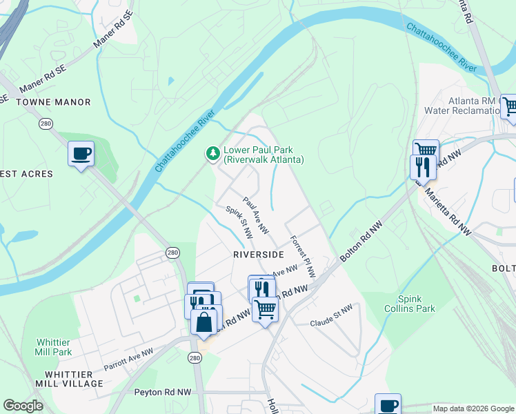 map of restaurants, bars, coffee shops, grocery stores, and more near 2273 Paul Avenue Northwest in Atlanta