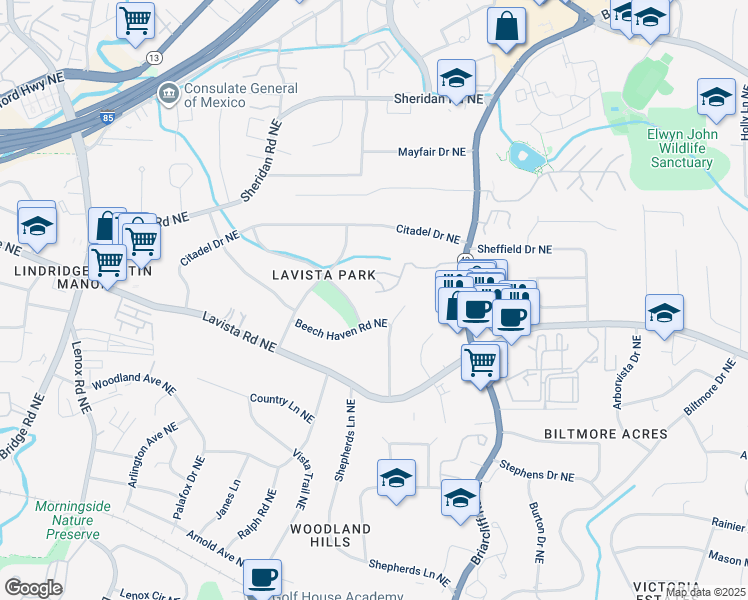 map of restaurants, bars, coffee shops, grocery stores, and more near 1219 Wildcliff Parkway Northeast in Atlanta